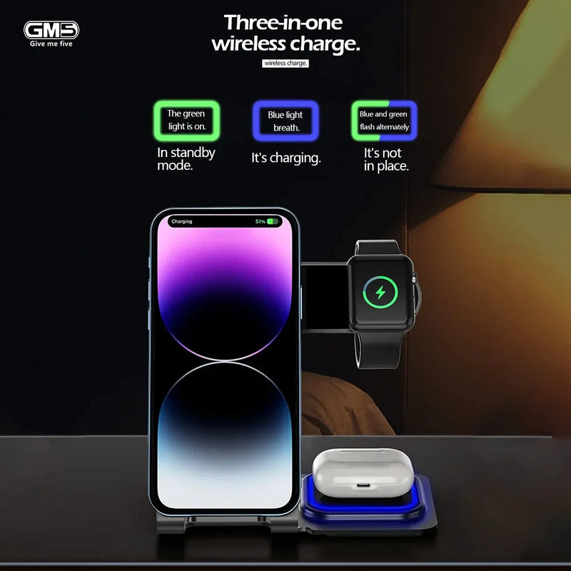 Base Carregadora Por Indução 3 Em 1 Carrega Celular e Fone Sem Fio Bluetooth